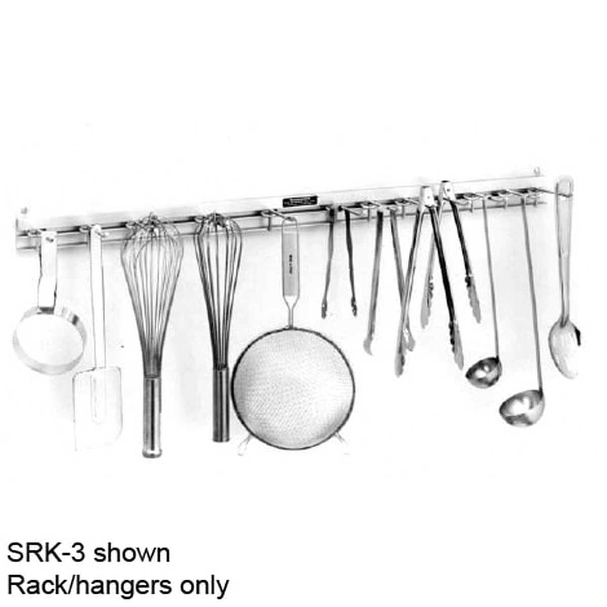 H.A. Sparke 48-inch satin aluminum utensil rack with multiple kitchen tools hanging from plated steel hangers