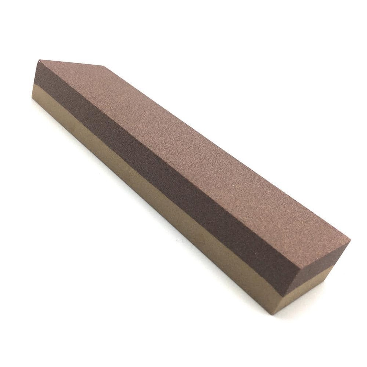 Angled view of the two-toned aluminum oxide sharpening stone showing yellow and brown layers