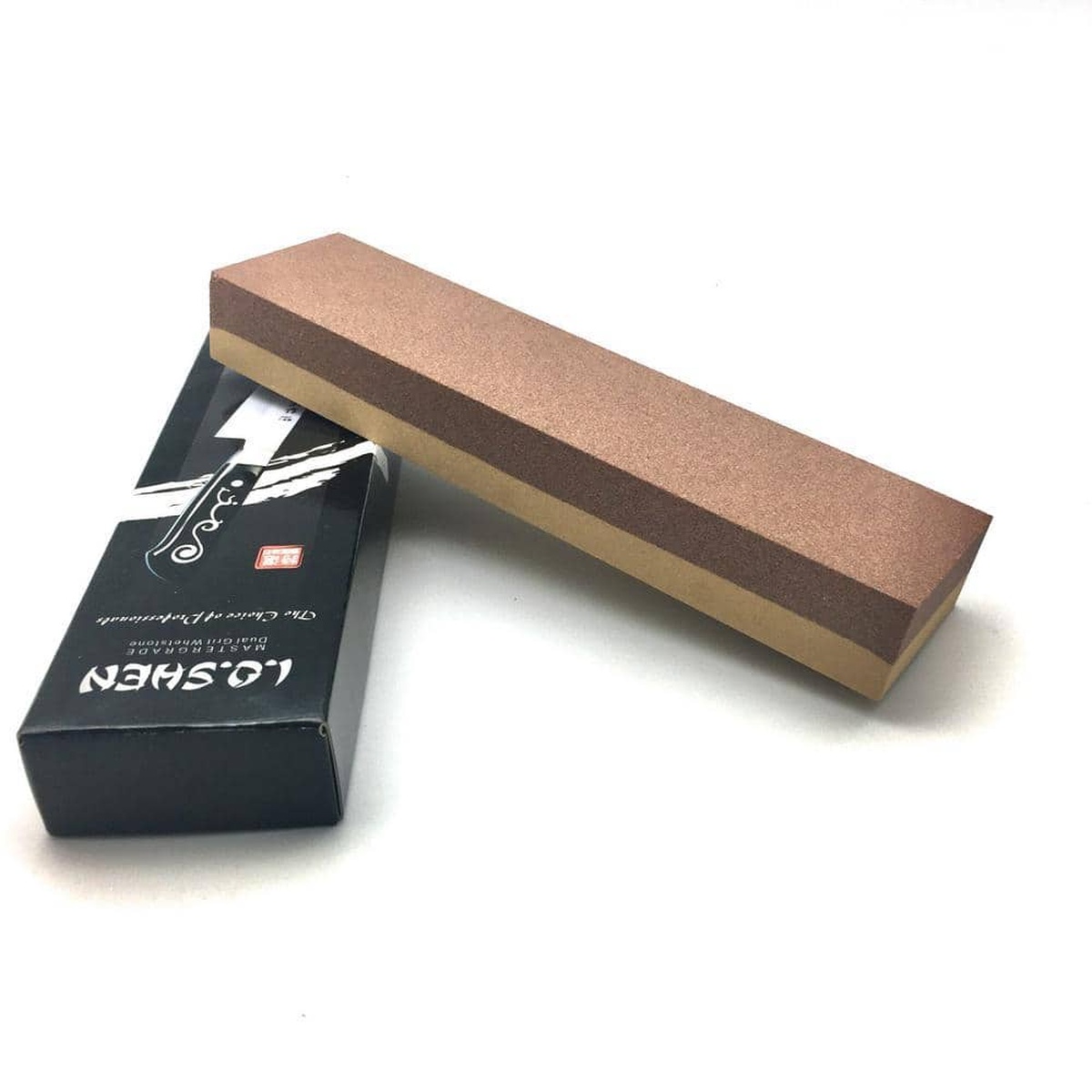 Master Grade I.O. Shen dual-grit sharpening whetstone with its original black packaging