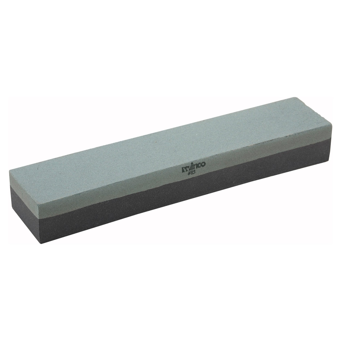 Winco SS-1211 combination sharpening stone showing light gray fine grain side on top and darker medium grain side on bottom