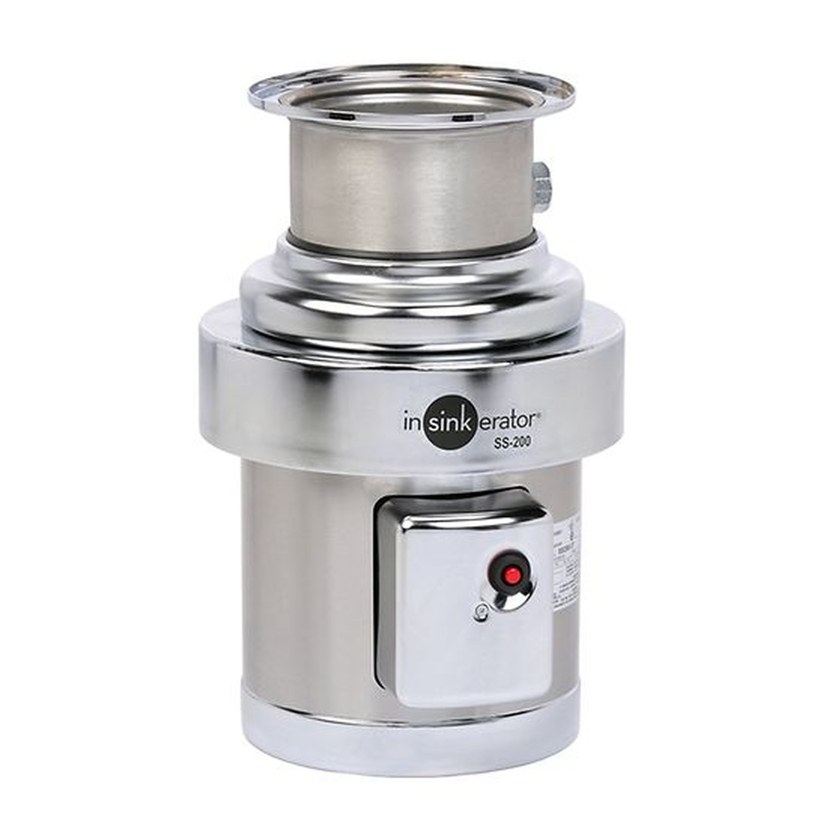 InSinkErator SS-200 disposer showing chrome-plated body, red reset button, and stainless steel inlet collar