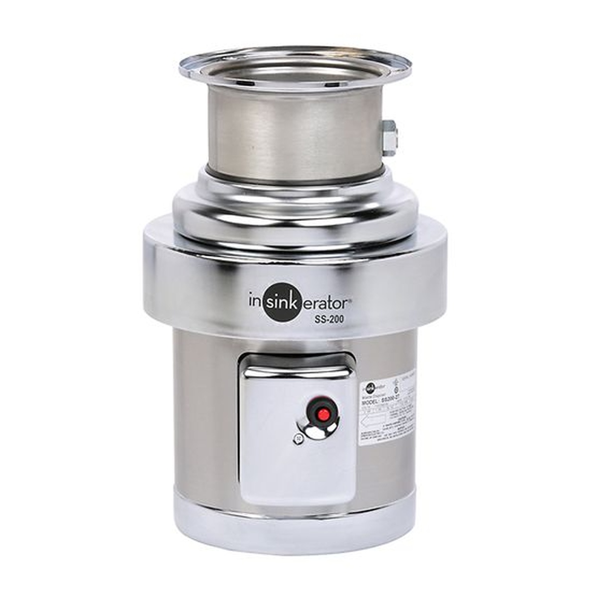 InSinkErator SS-200 commercial food waste disposer, stainless steel body with chrome-plated finish and red reset button