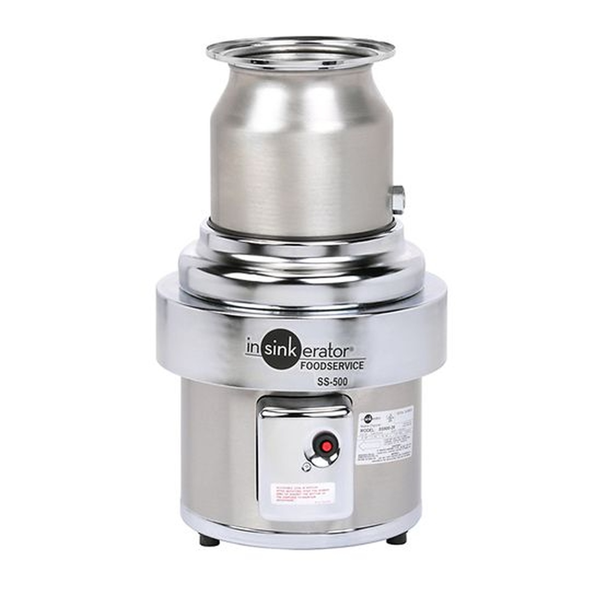 InSinkErator SS-500 large capacity foodservice disposer, stainless steel and chrome finish, front view
