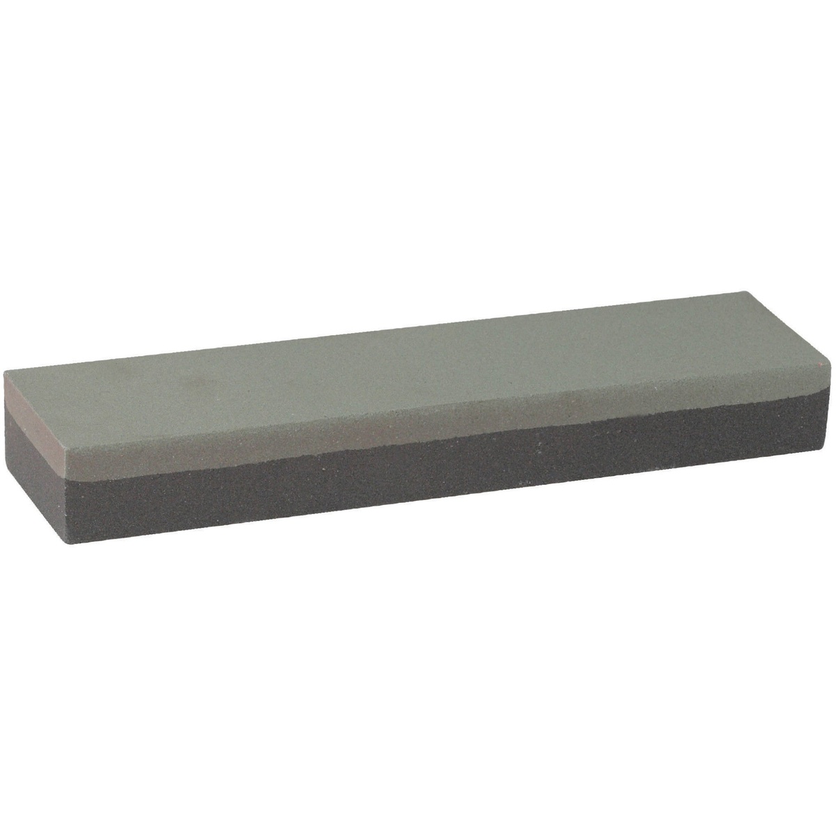 Winco SS-821 rectangular dual-sided carbonized silicone sharpening stone showing fine grain (light gray) and medium grain (dark gray) surfaces