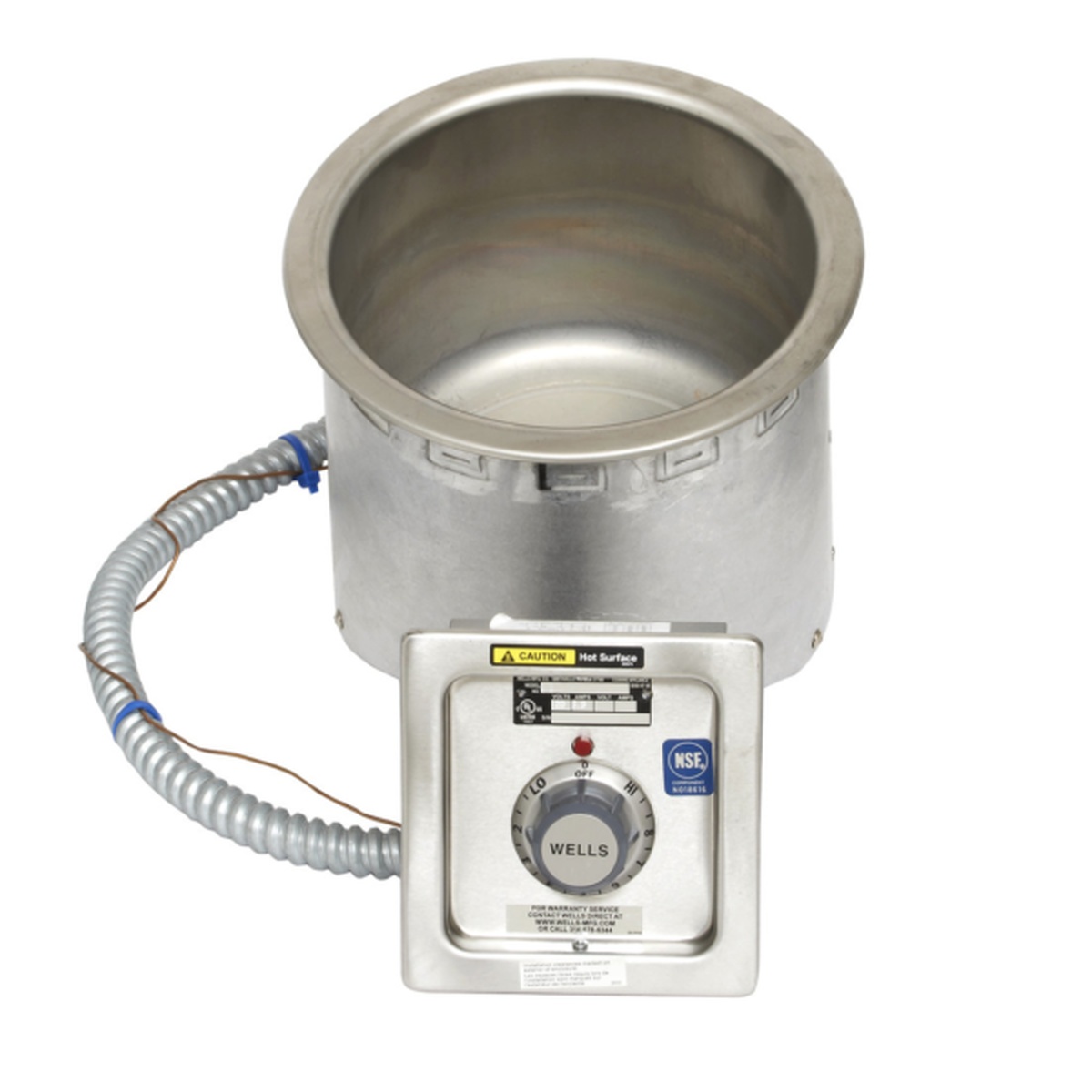 Wells SS-8TDU drop-in warmer with NSE certification label and detailed view of thermostatic control panel and indicator light