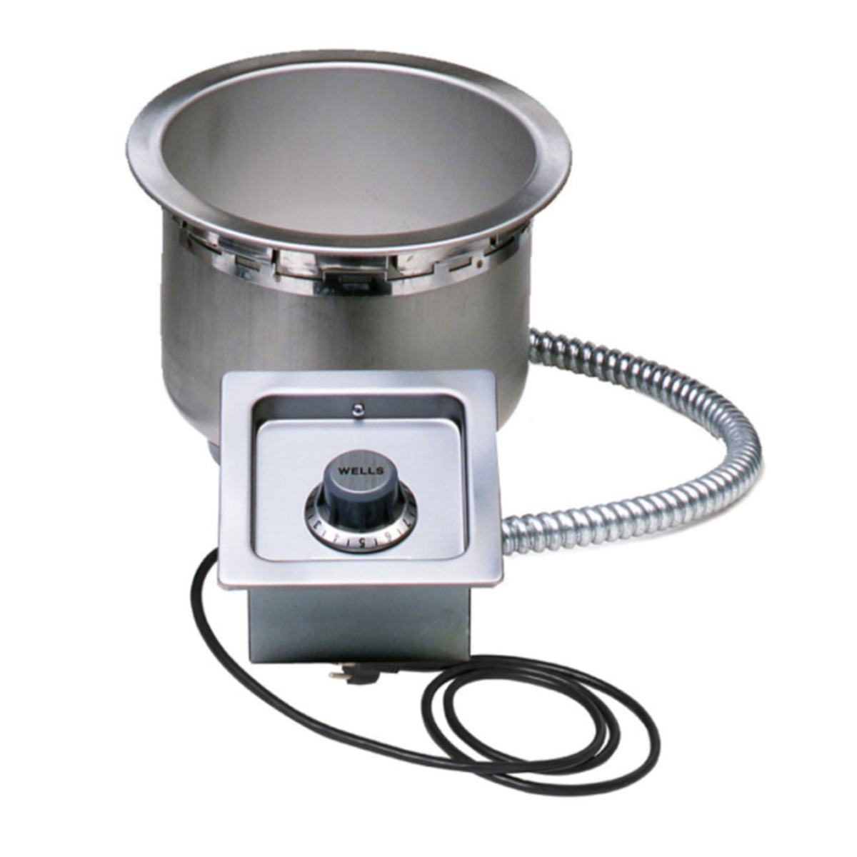 Wells SS-8TDU drop-in round hot food well showing stainless steel warming pan and remote control panel with thermostat dial