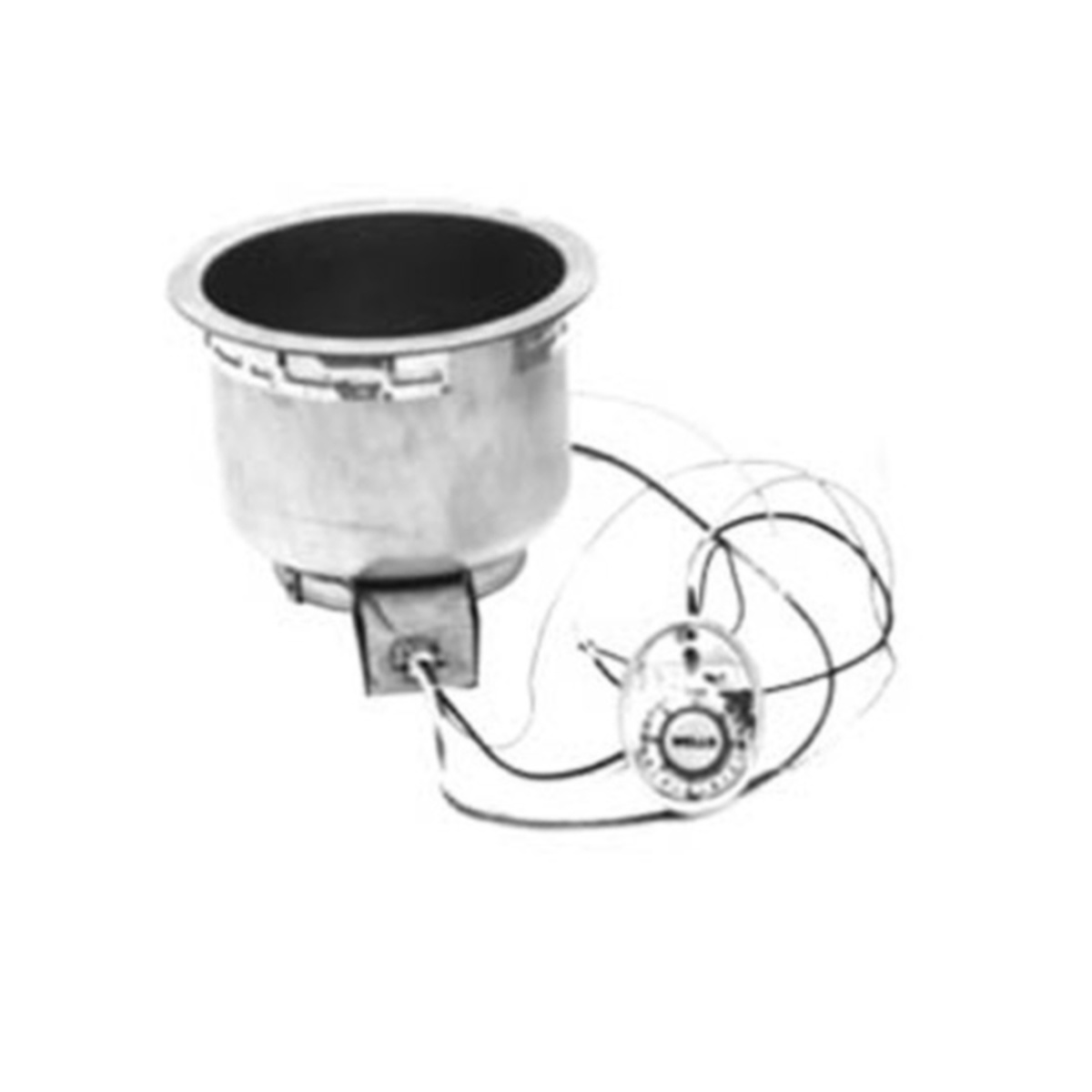 Wells SS-8TDU drop-in round food warmer shown at an angle revealing the heating element connection and flexible conduit to remote thermostat panel