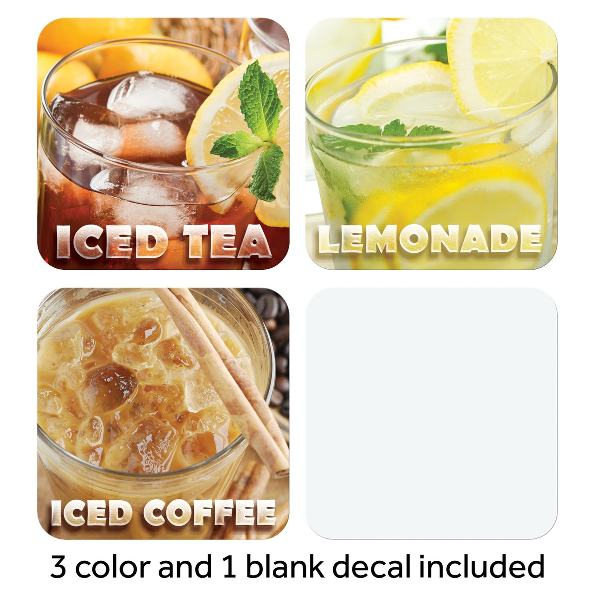 Four beverage decals included with the Winco SSBD-3 dispenser: Iced Tea, Lemonade, Iced Coffee, and one blank decal