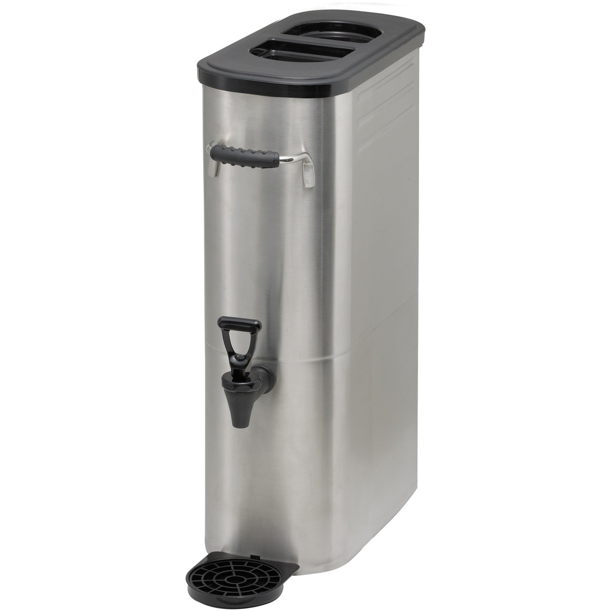 Winco SSBD-3 slim stainless steel 3-gallon iced beverage dispenser with black lid, welded handle, tall faucet, and detachable drip tray