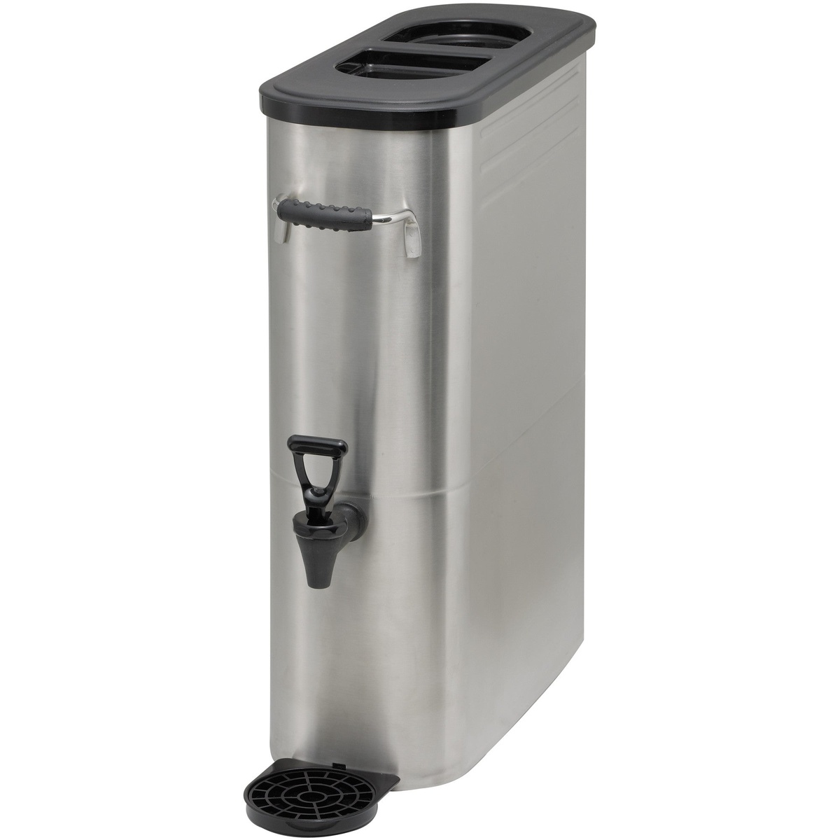 Winco SSBD-5 stainless steel slim iced tea dispenser with black lid, front handle, tall faucet, and detachable drip tray