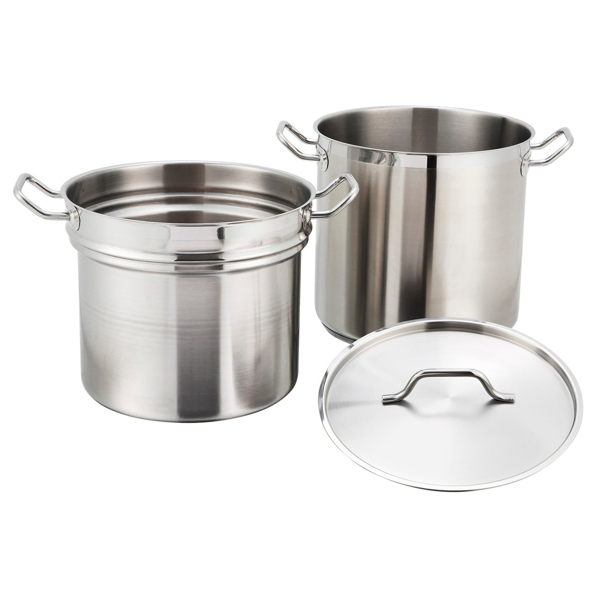 Winco SSDB-16 double boiler set with components separated showing outer stockpot, inner insert, and lid