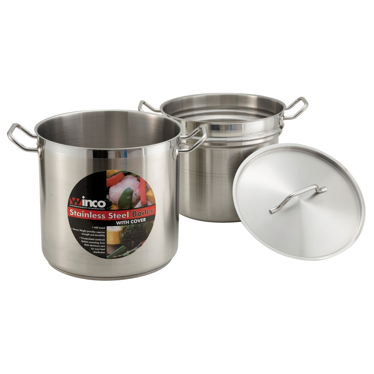 Winco SSDB-20 stainless steel double boiler set disassembled showing outer pot interior, inset, and lid with product label