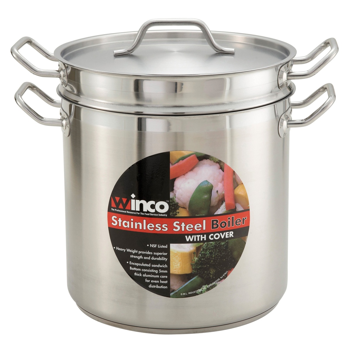 Winco SSDB-20 stainless steel double boiler assembled with NSF listed product label visible