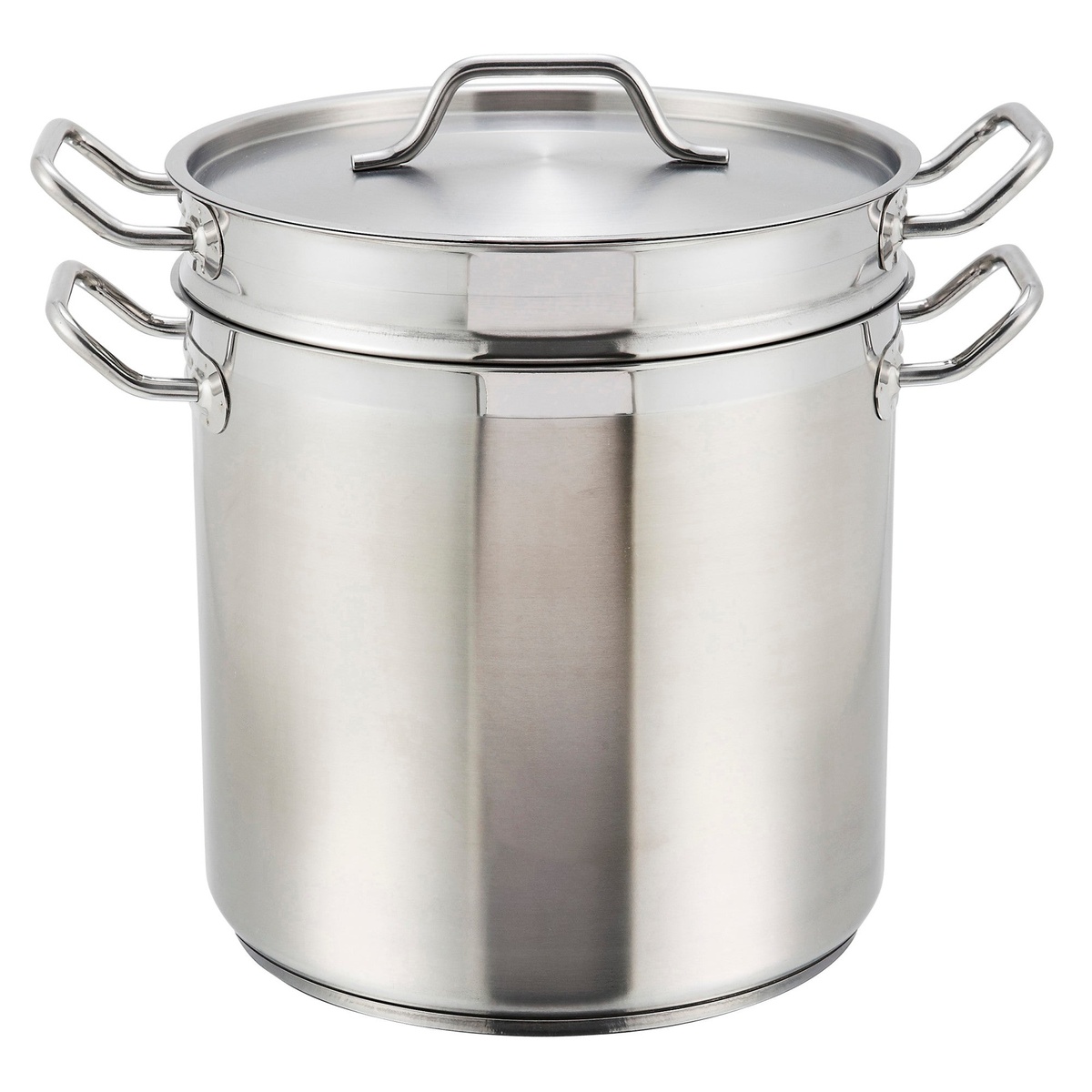 Winco SSDB-20 20-quart stainless steel double boiler assembled with inset and lid