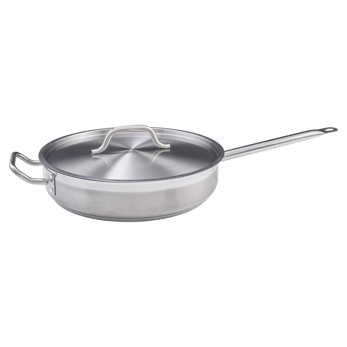 Winco SSET-7 7-quart stainless steel saute pan with fitted lid and riveted handle