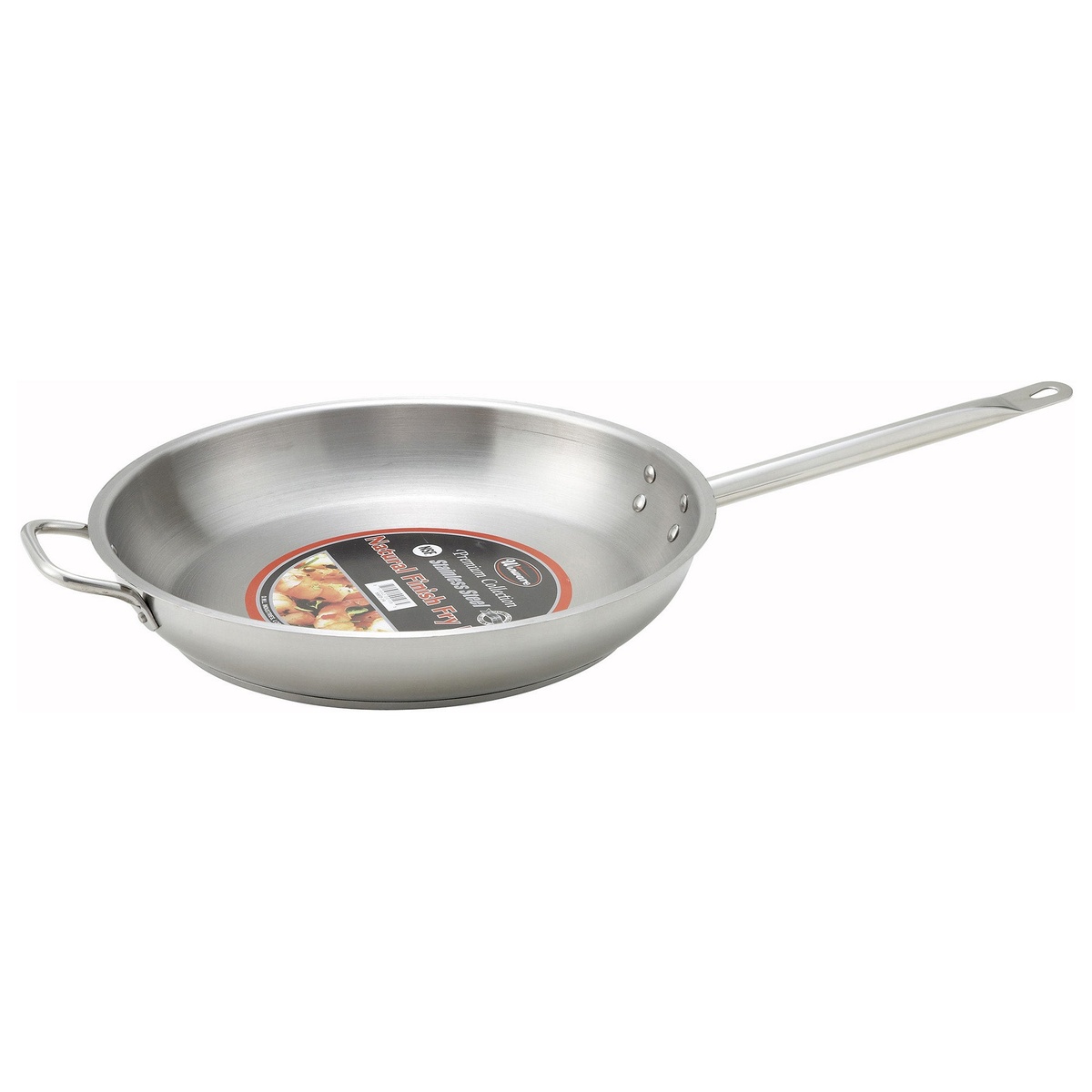 Winco SSFP-12 stainless steel fry pan with product label showing Natural Finish Fry branding and helper handle detail
