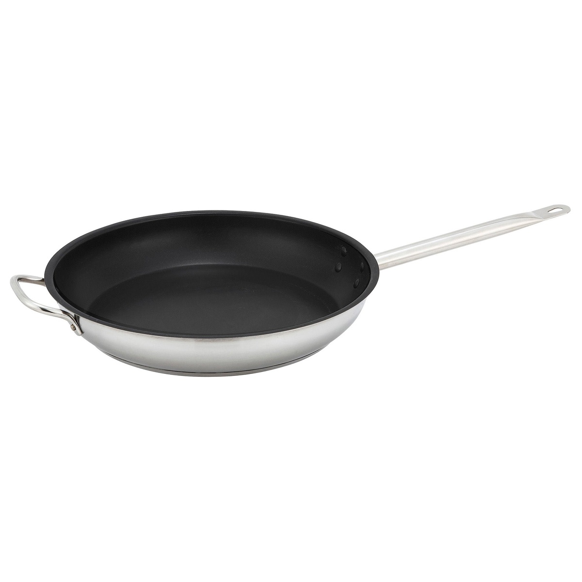 Winco SSFP-12NS 12-inch stainless steel non-stick fry pan showing black Excalibur non-stick interior, long riveted handle, and helper handle