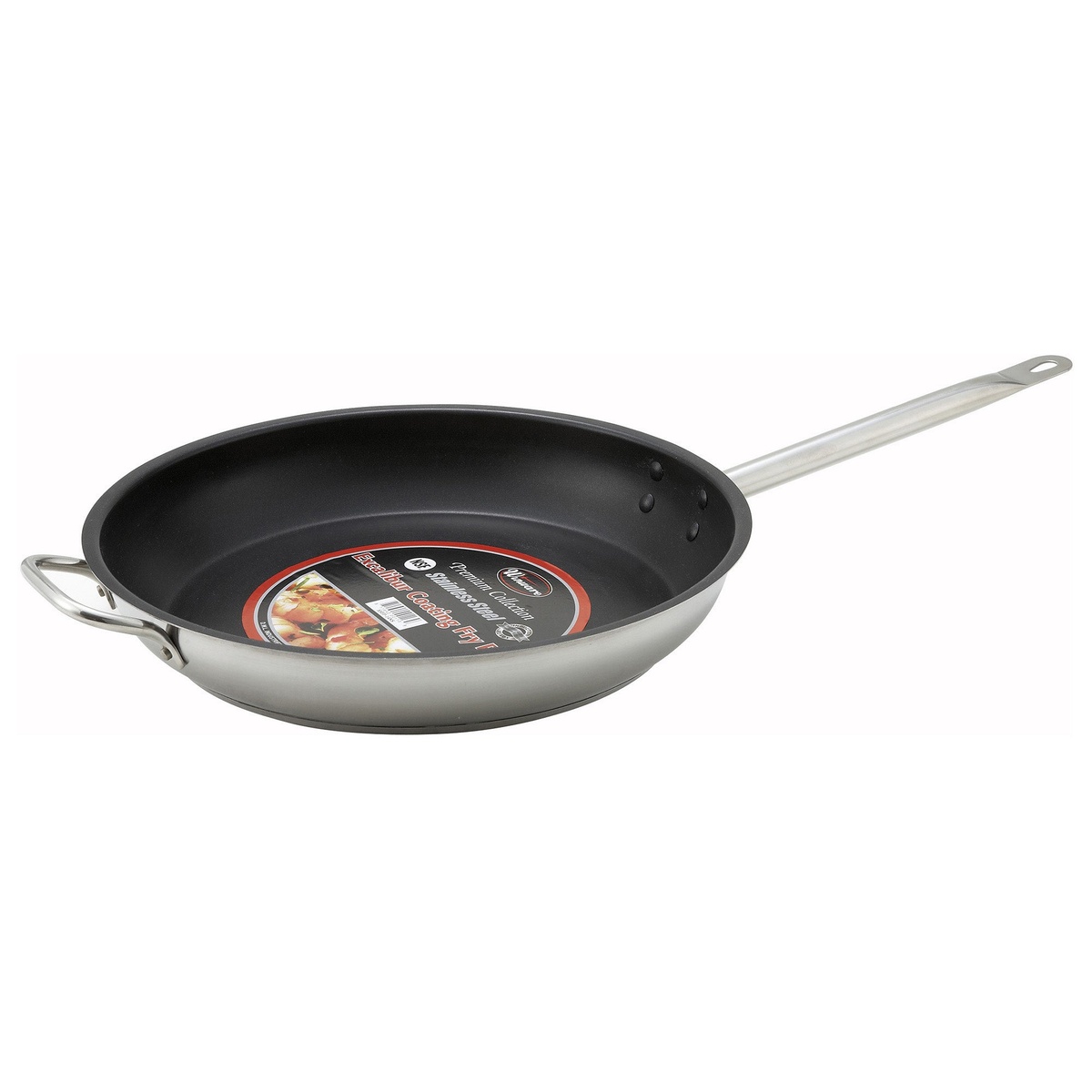 Winco SSFP-12NS stainless steel fry pan with product label on interior, showing polished stainless exterior and long riveted handle with hanging hole