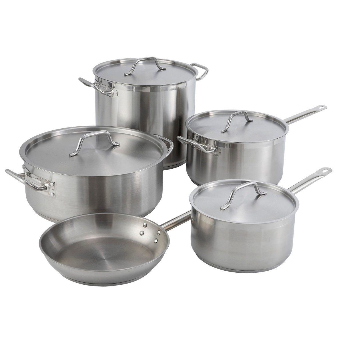 Winco stainless steel cookware collection including fry pan, stockpot, brazier, and sauce pans with lids