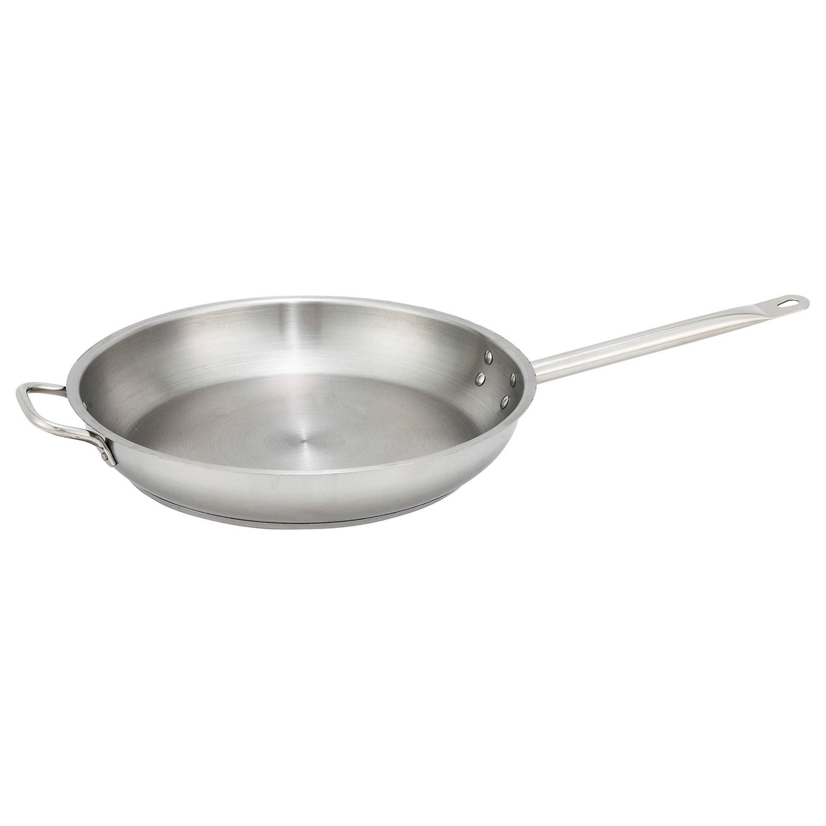 Winco SSFP-14 14-inch stainless steel fry pan with riveted handle and helper handle on white background