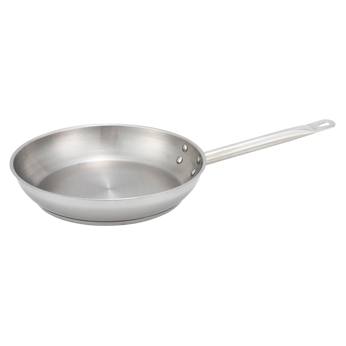 Winco 8 inch stainless steel fry pan showing clean profile and riveted handle