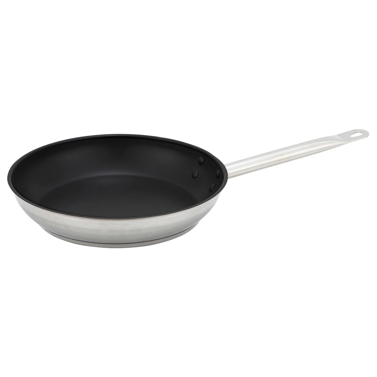 Winco SSFP-8NS 8-inch stainless steel non-stick fry pan with black interior and riveted handle, angled view on white background