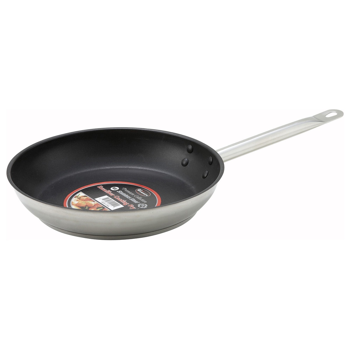 Winco SSFP-8NS 8-inch stainless steel fry pan showing product label with Excalibur coating detail, angled view on white background
