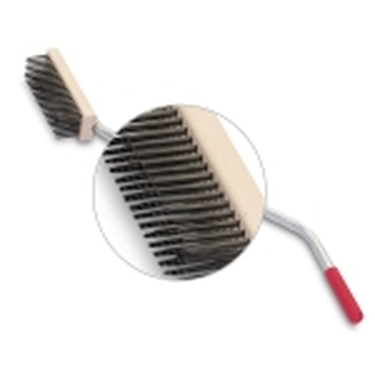 Close-up detail of the Malish grill brush head showing dense flat wire steel bristles set in a wood block