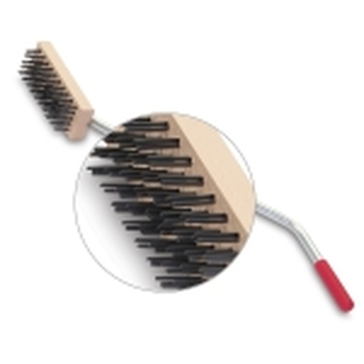 Close-up detail of the Malish flat wire grill brush bristles and wooden block
