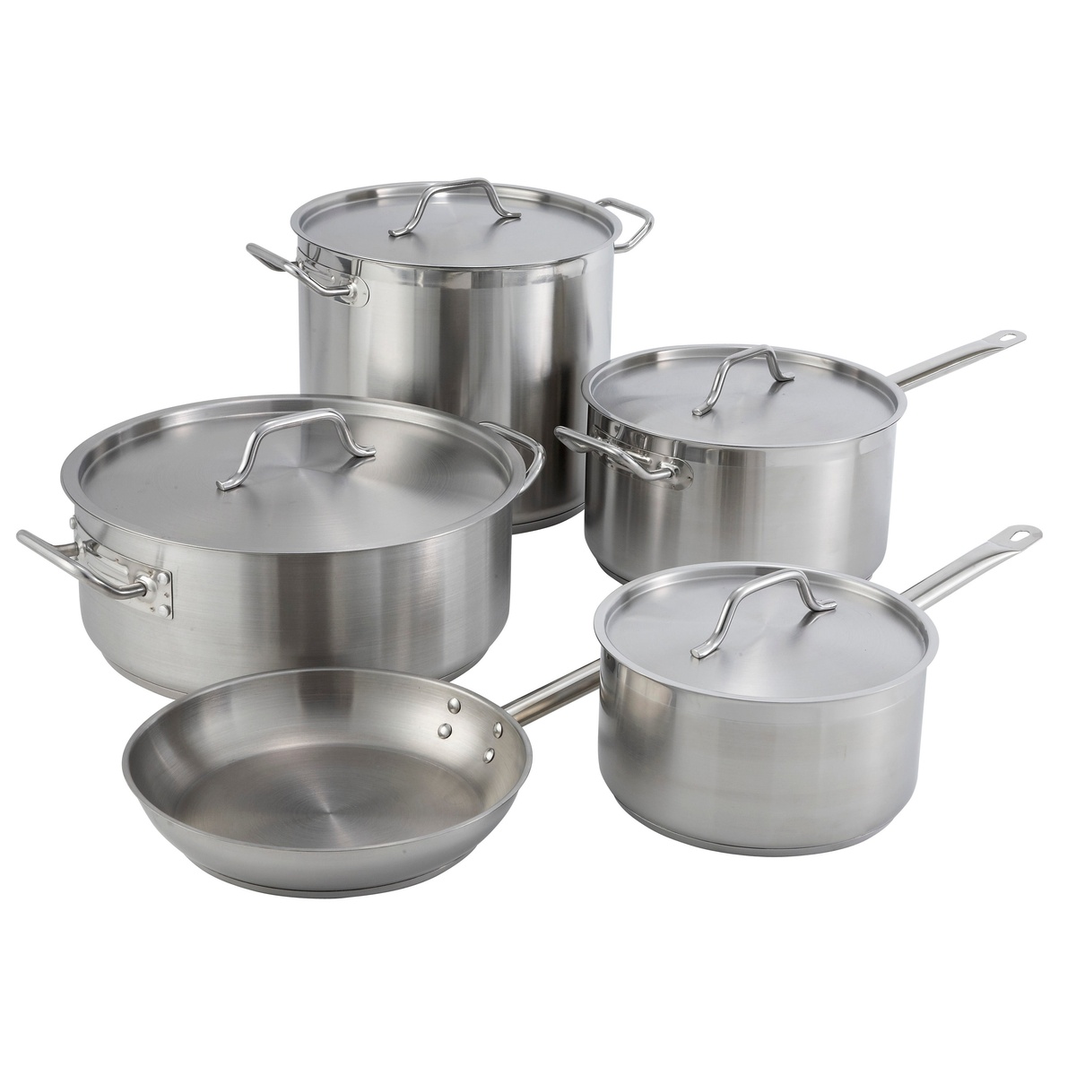 Winco stainless steel commercial cookware collection including brazier, stock pot, saucepans, and fry pan