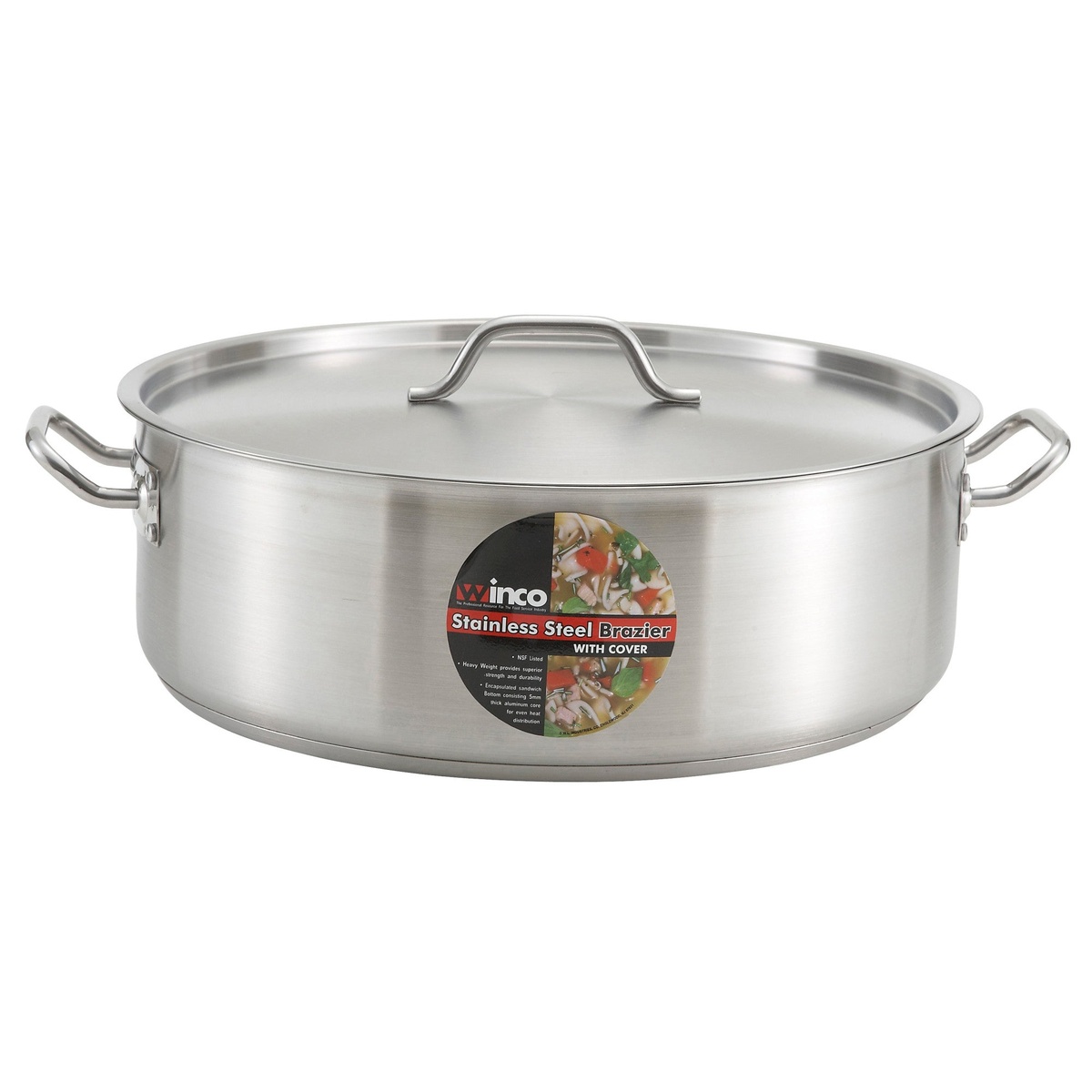 Winco SSLB-30 stainless steel brazier with cover showing Winco product label on side