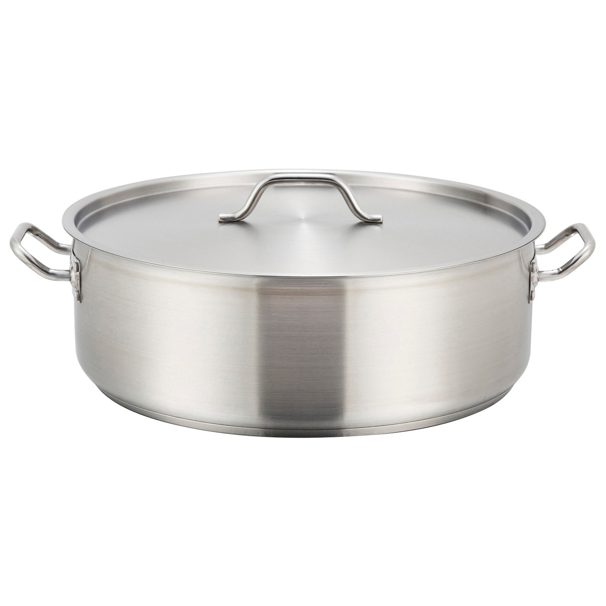 Winco SSLB-8 8-quart stainless steel brazier with fitted cover and dual riveted handles