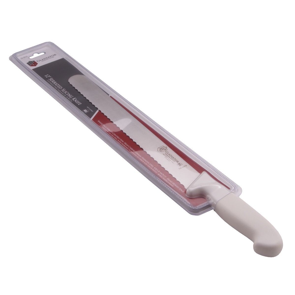 Libertyware Gladiator Series 12-inch serrated slicing knife displayed in retail clam pack packaging