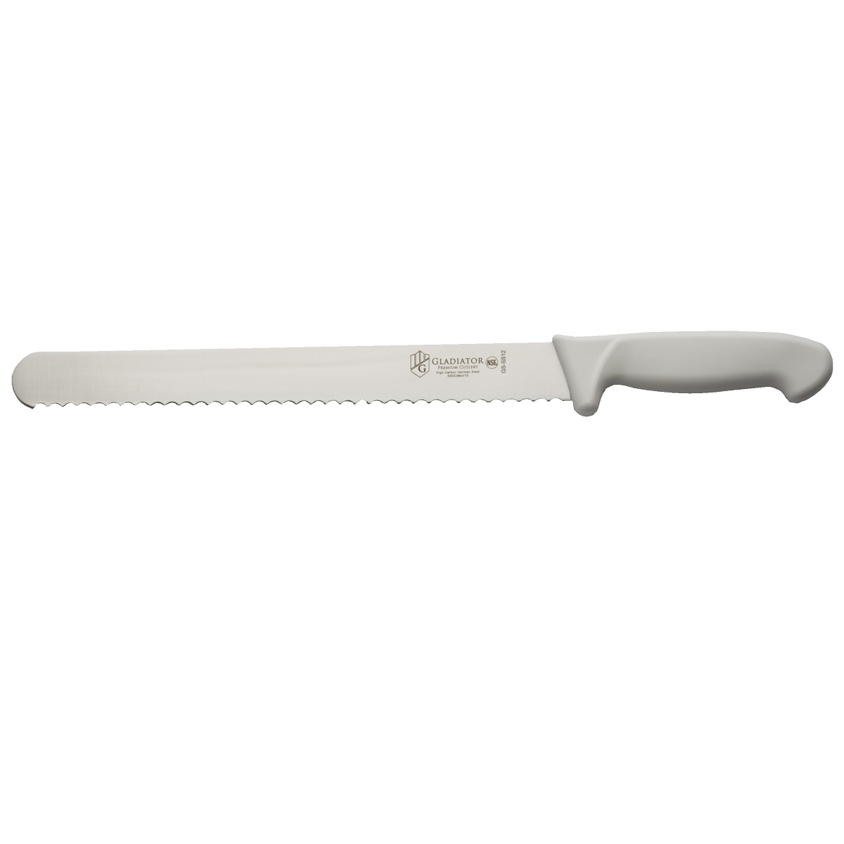 Libertyware Gladiator Series 12-inch serrated slicing knife with white plastic handle on white background