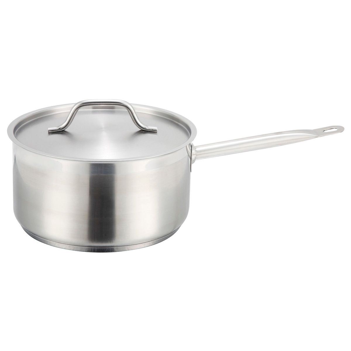 Winco SSSP-2 2-quart stainless steel sauce pan with matching stainless lid and long hollow metal handle