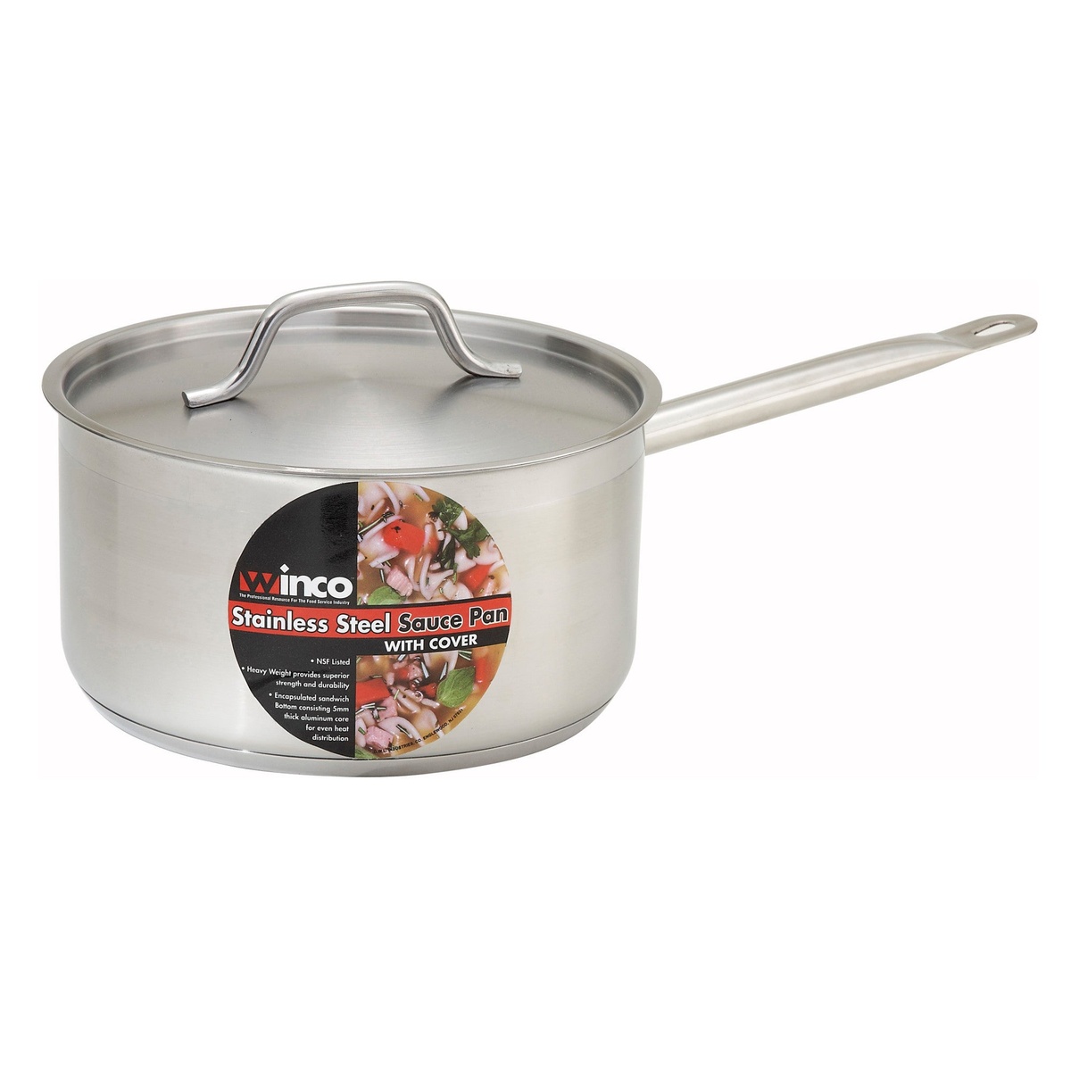 Winco stainless steel sauce pan with cover showing product label highlighting NSF listing and encapsulated sandwich bottom