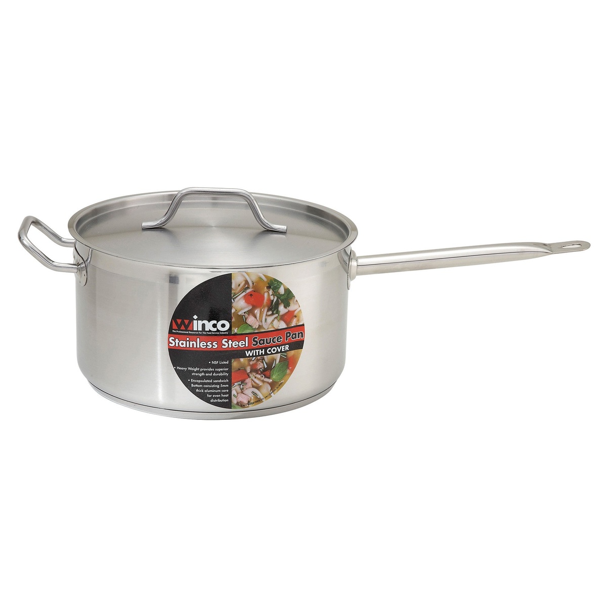 Winco stainless steel sauce pan with cover and branded label showing product features