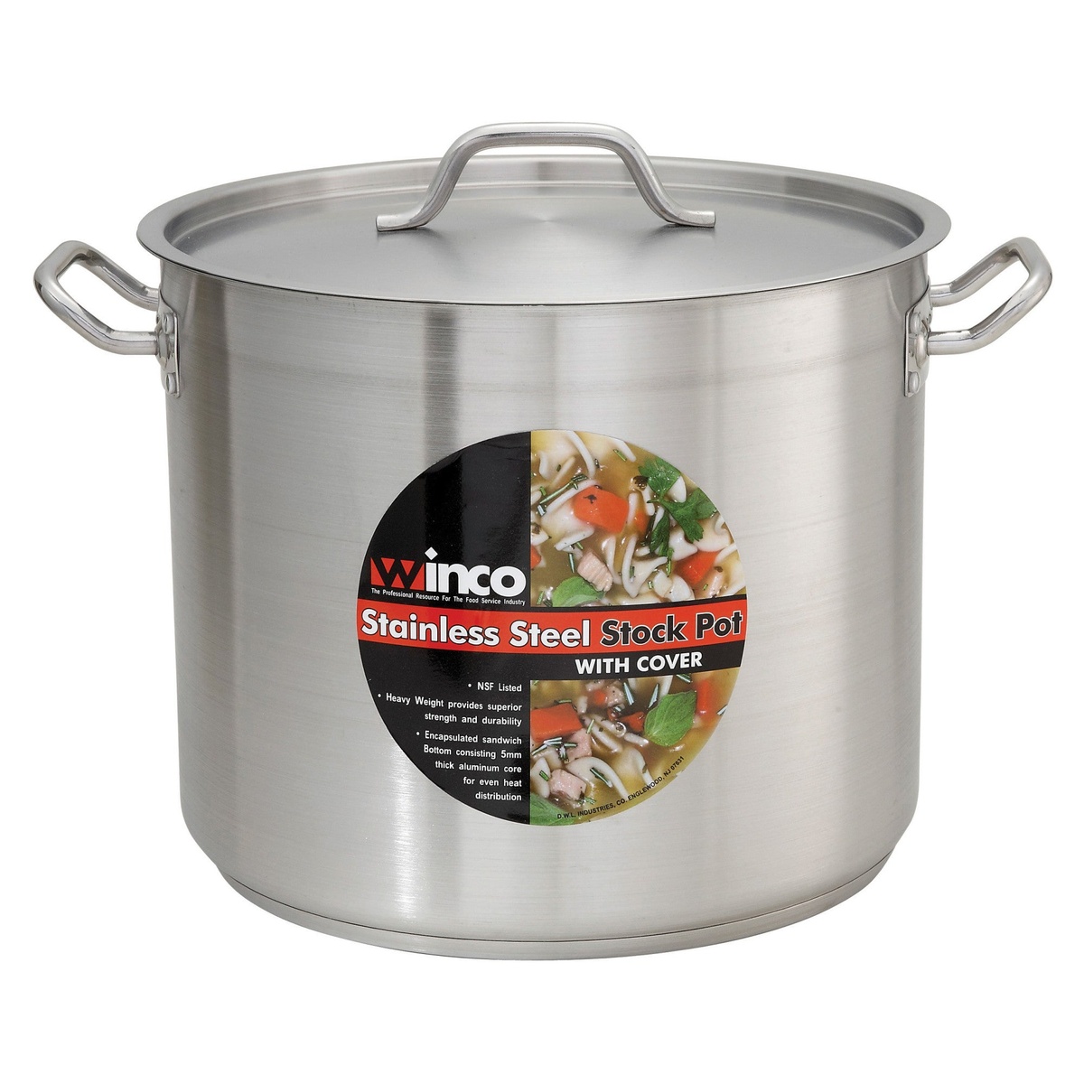 Winco stainless steel stock pot with cover showing product label highlighting NSF listing and encapsulated aluminum core base