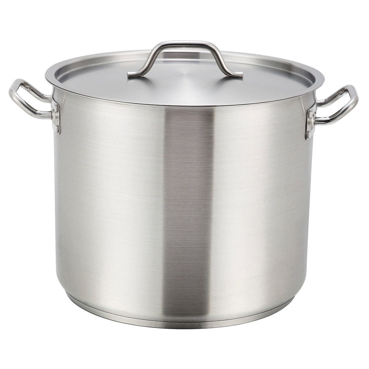 Winco SST-12 12-quart stainless steel stock pot with fitted cover and riveted side handles