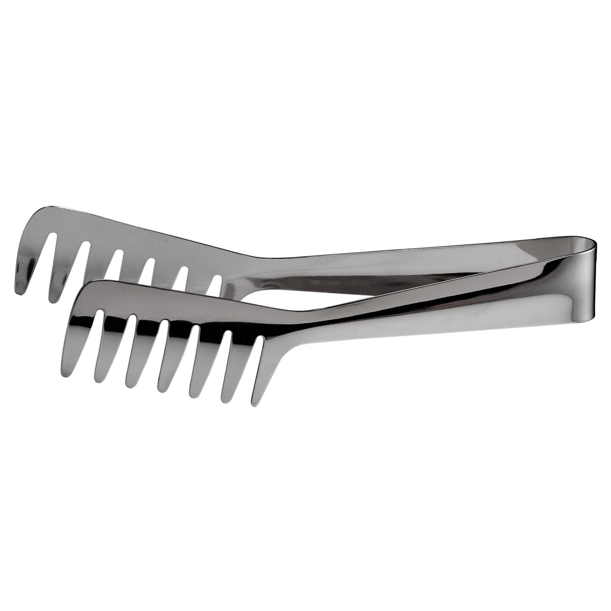 Winco ST-8 8-inch stainless steel spaghetti tongs with mirror finish and contoured interlocking tines
