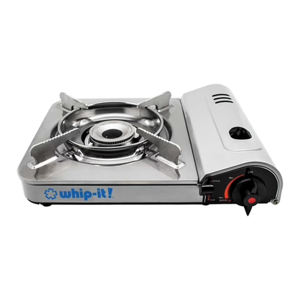 Whip-It! Hot Spot butane stove top-angle view showing burner grate and wind guard