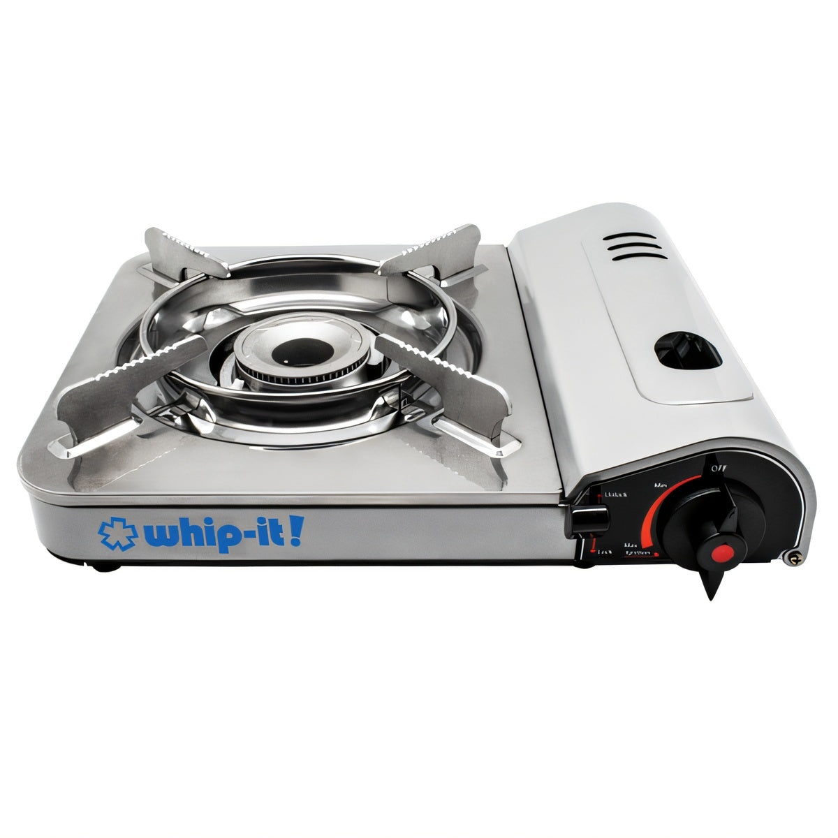 Whip-It! Hot Spot portable butane stove, silver, angled view showing burner grate and control knob