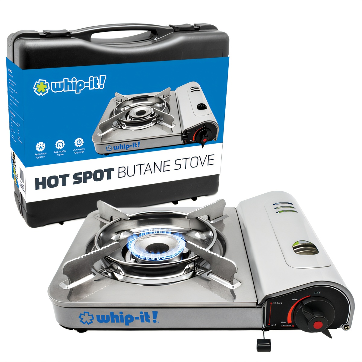 Whip-It! Hot Spot butane stove with lit burner shown alongside included carrying case and product packaging box