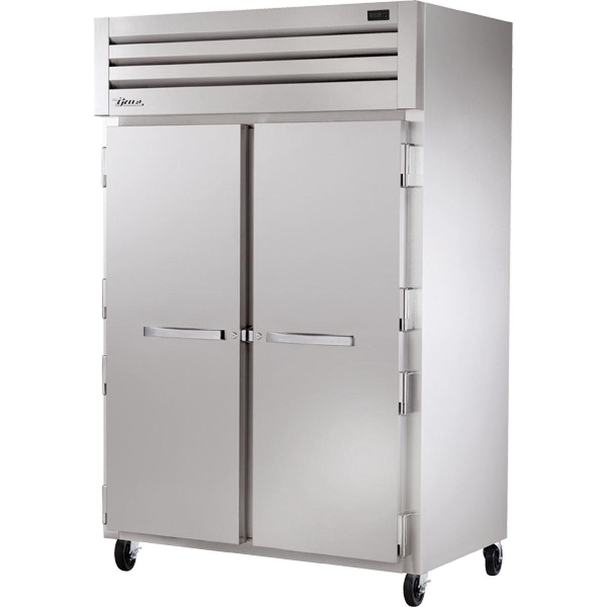 True STA2F-2S-HC two-section solid stainless steel door reach-in freezer with top-mounted compressor and casters