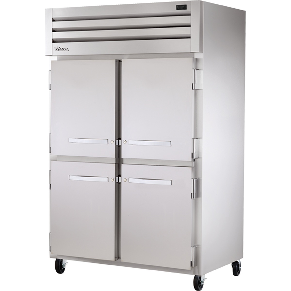 True STA2F-4HS-HC two-section reach-in freezer with four stainless steel half-swing solid doors and top-mounted compressor on casters