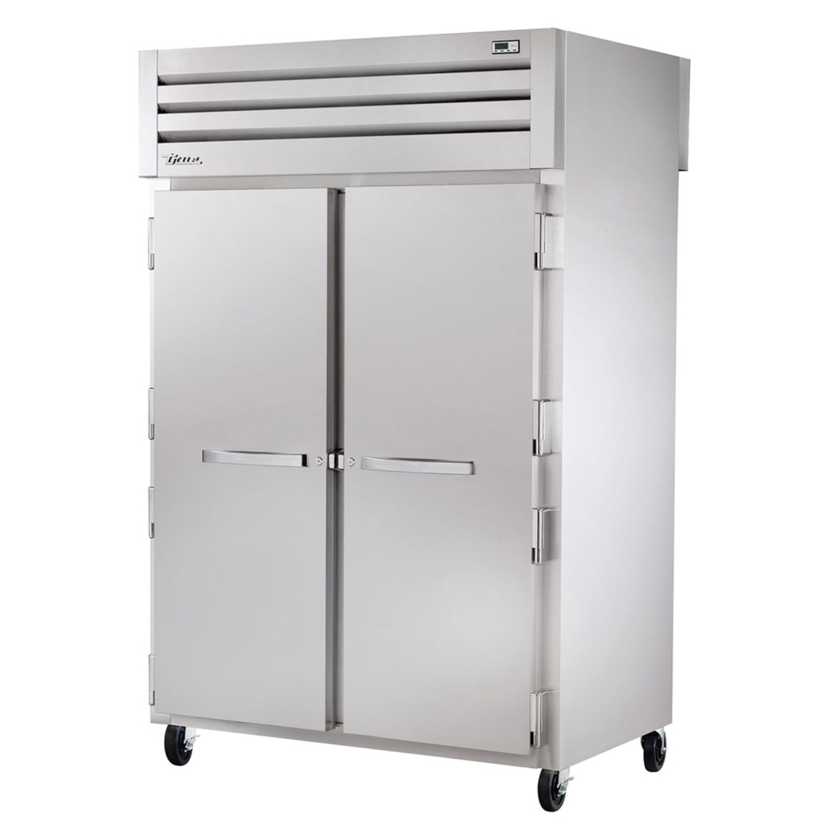 Front view of True stainless steel reach-in refrigerator with top-mounted refrigeration