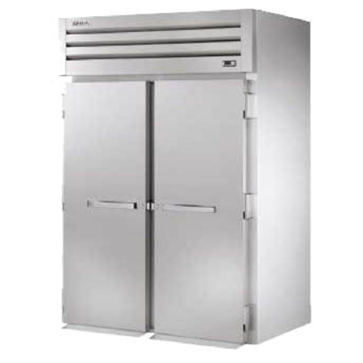Front view of True STA2RRI-2S stainless steel roll-in refrigerator with two swing doors