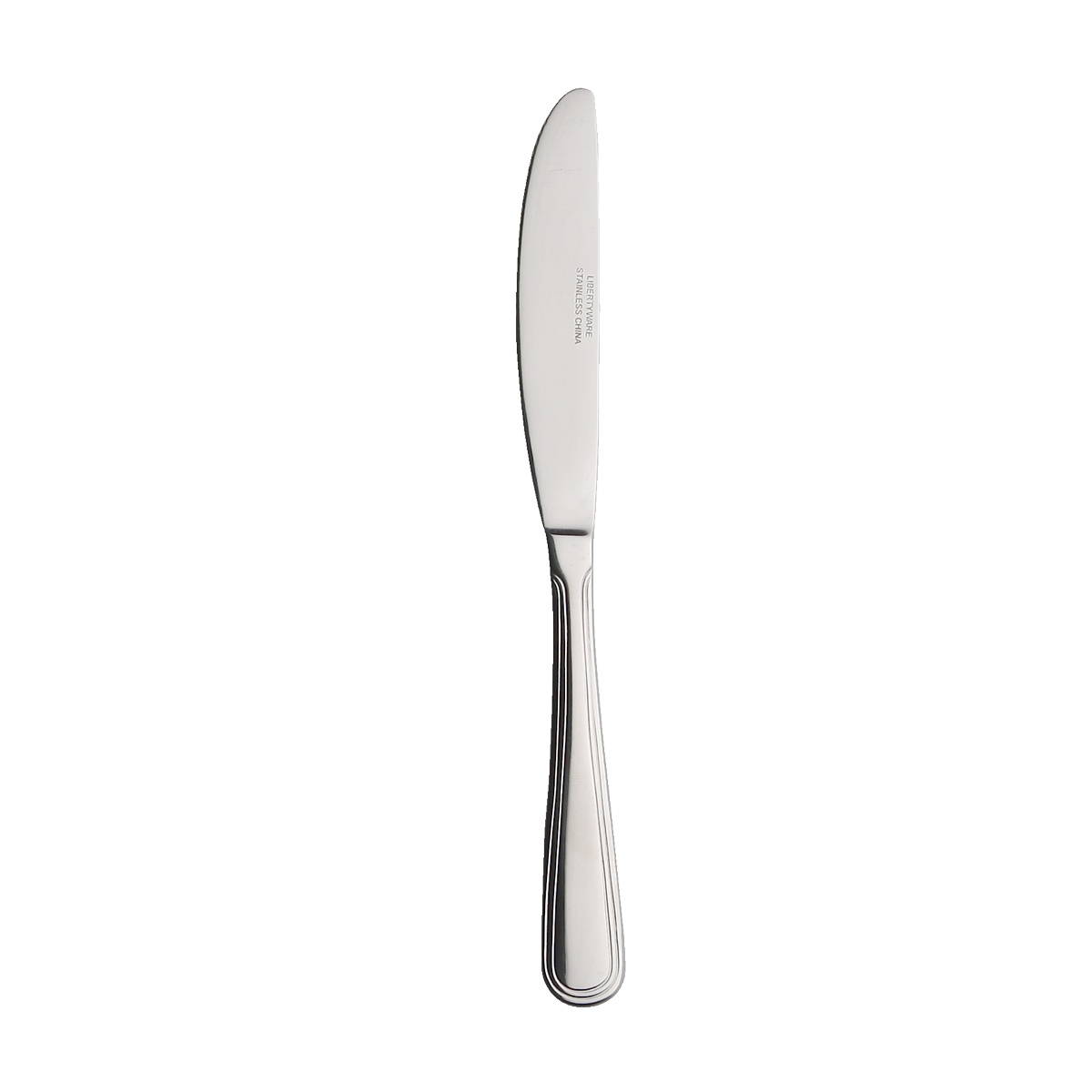 Libertyware Stansbury STA3 dinner knife, single piece, mirror polished stainless steel on white background