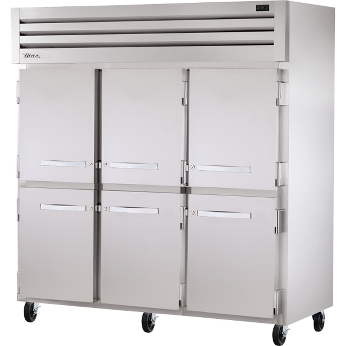 True Manufacturing STA3R-6HS-HC three-section reach-in refrigerator with six solid half-swing doors and top-mounted refrigeration unit on casters
