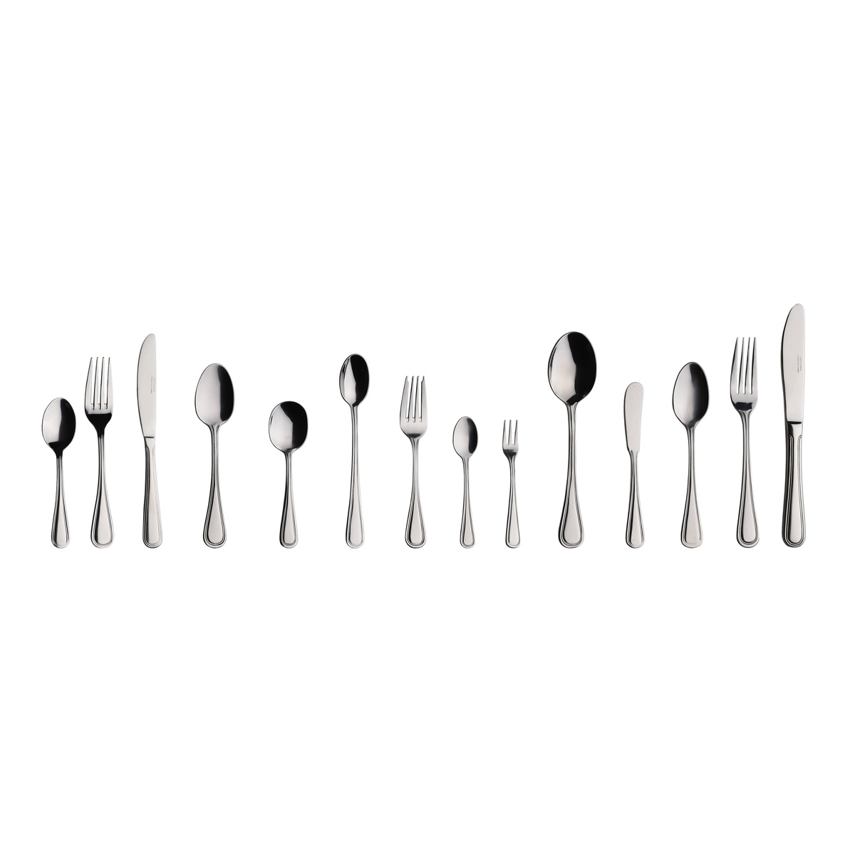 Full Libertyware Stansbury flatware collection including spoons, forks, and knives displayed on white background